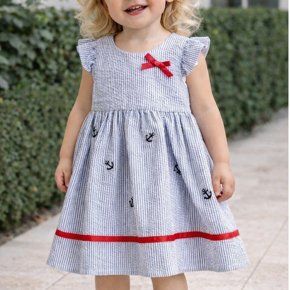 Bumble & Birdie Girls 24M‎ Blue Seersucker Anchor Nautical Stripe Dress Red Bow